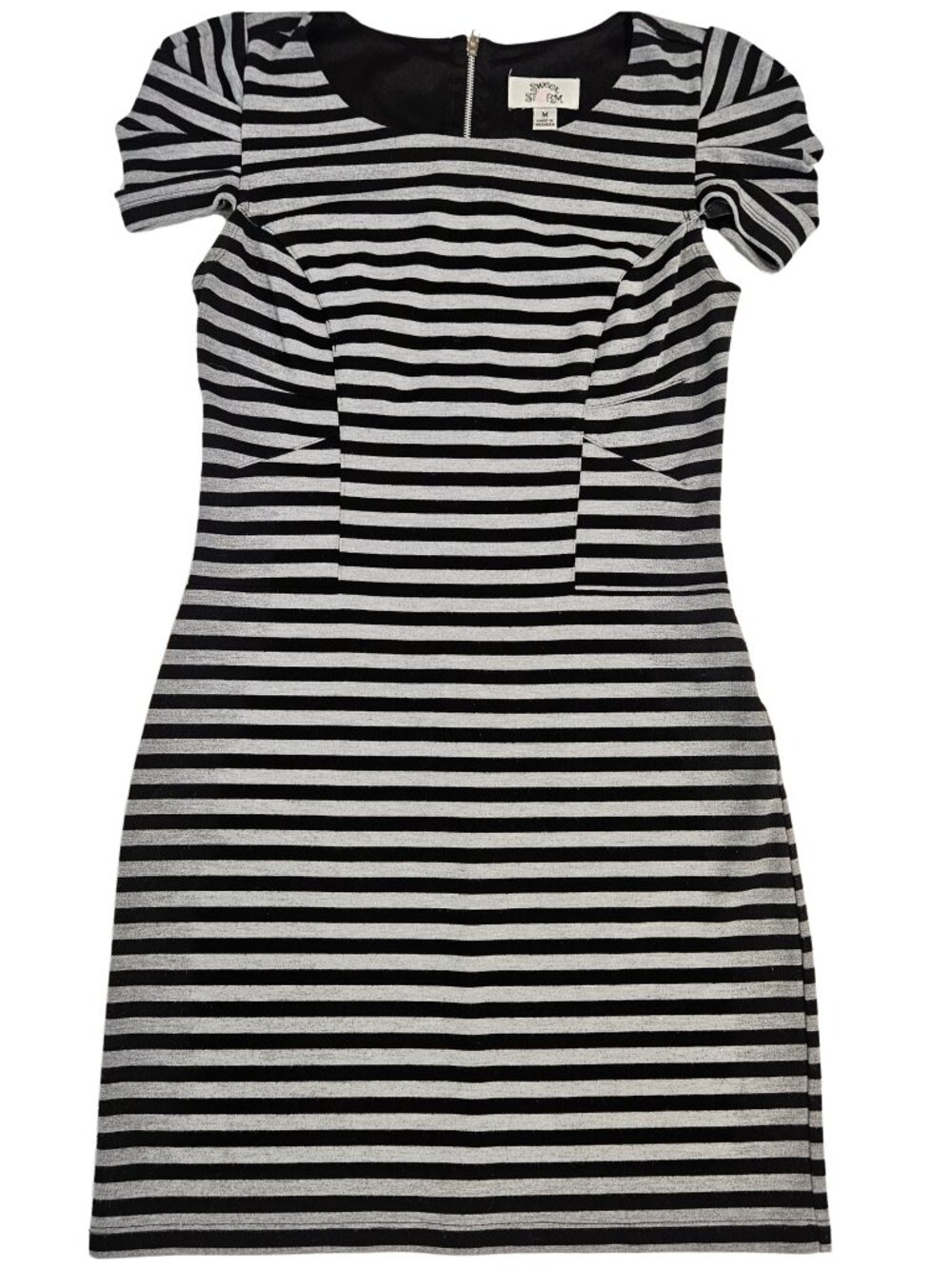 Sweet Storm Black Grey Striped Cap Sleeve Bodycon Midi Dress M